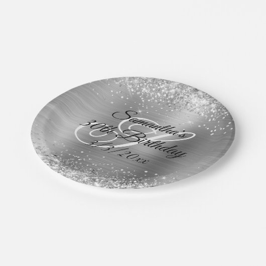 Sparkly Silver Glitter en Folie 30th Birthday Papieren Bordje (Gekanteld)