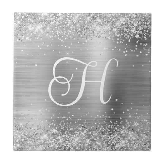 Sparkly Silver Glitter en Folie Monogram Tegeltje (Voorkant)