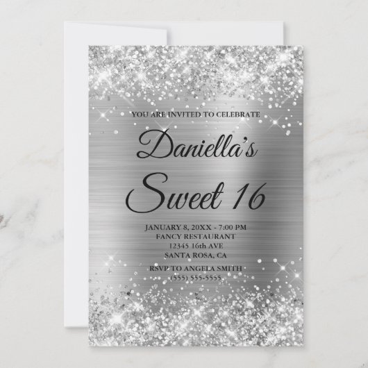 Sparkly Silver Glitter en Folie Sweet 16 Kaart (Voorkant)