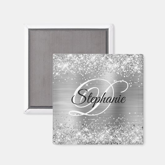 Sparkly Silver Glitter Folie Fancy Monogram Magneet (Voorkant / Achterkant)