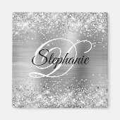 Sparkly Silver Glitter Folie Fancy Monogram Magneet (Voorkant)