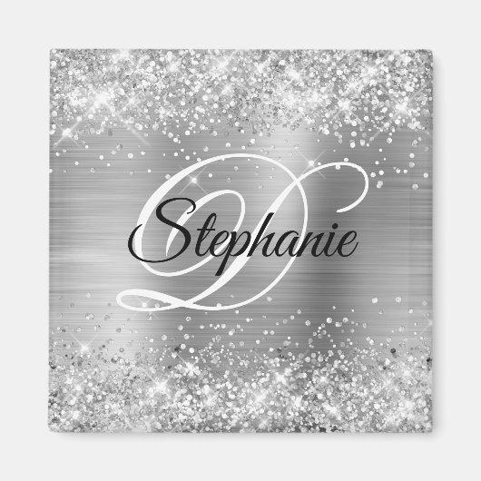 Sparkly Silver Glitter Folie Fancy Monogram Magneet (Voorkant)