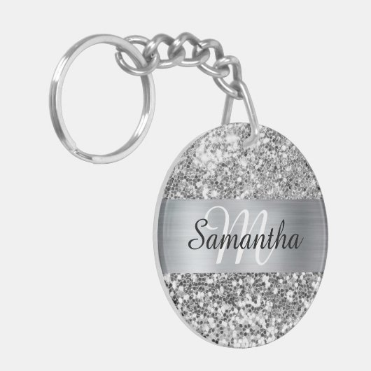 Sparkly Silver Glitter Folie Gepersonaliseerd Mono Sleutelhanger (Voorkant Links)