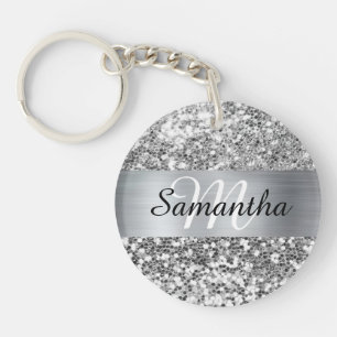 Sparkly Silver Glitter Folie Gepersonaliseerd Mono Sleutelhanger