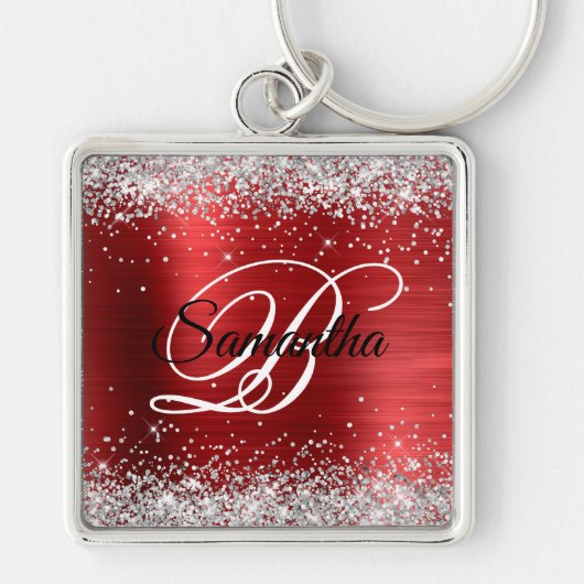 Sparkly Silver Glitter Girly Red Folie Monogram Sleutelhanger (Voorkant)