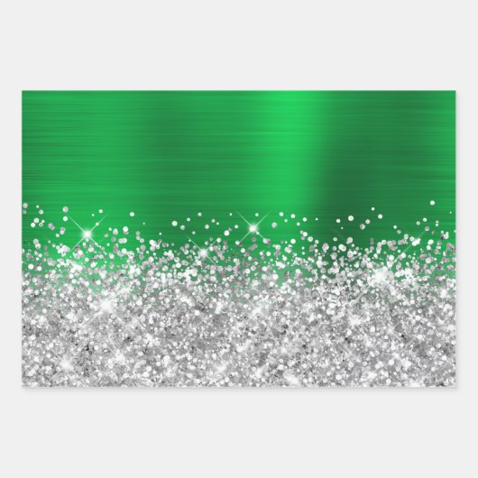 Sparkly Silver Glitter Groene Faux Folie Inpakpapier Vel (Voorkant 2)
