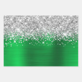 Sparkly Silver Glitter Groene Faux Folie Inpakpapier Vel (Voorkant 3)