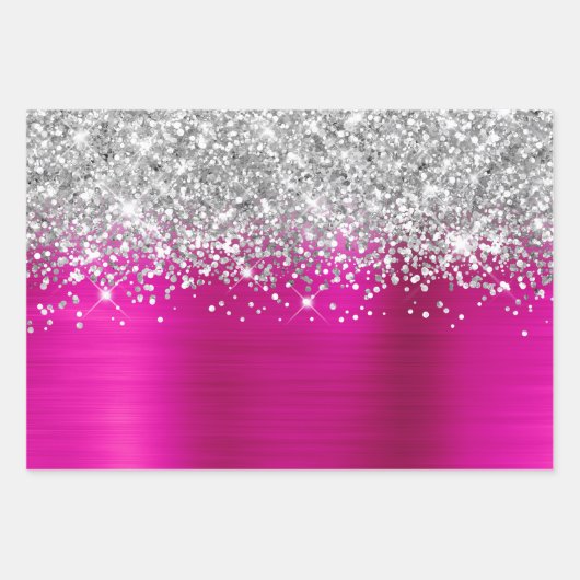 Sparkly Silver Glitter Hot Pink Faux Folie Inpakpapier Vel (Voorkant)