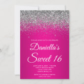 Sparkly Silver Glitter Hot Pink Gradient Sweet 16 Kaart (Voorkant)