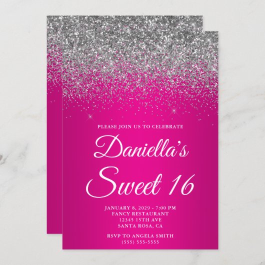 Sparkly Silver Glitter Hot Pink Gradient Sweet 16 Kaart (Voorkant / Achterkant)