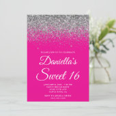 Sparkly Silver Glitter Hot Pink Sweet 16 Kaart (Staand voorkant)