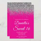 Sparkly Silver Glitter Hot Pink Sweet 16 Kaart (Voorkant / Achterkant)