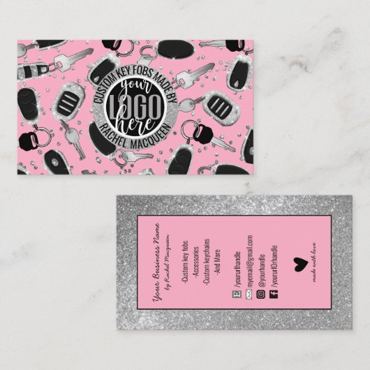 Sparkly Silver Glitter Key Fob Crafter Logo Busin Visitekaartje (Voorkant / Achterkant)