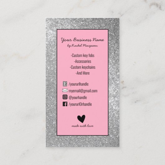 Sparkly Silver Glitter Key Fob Crafter Logo Busin Visitekaartje (Achterkant)