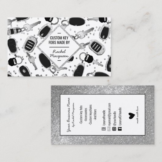 Sparkly Silver Glitter Key Fob Diamond Craft Visitekaartje (Voorkant / Achterkant)