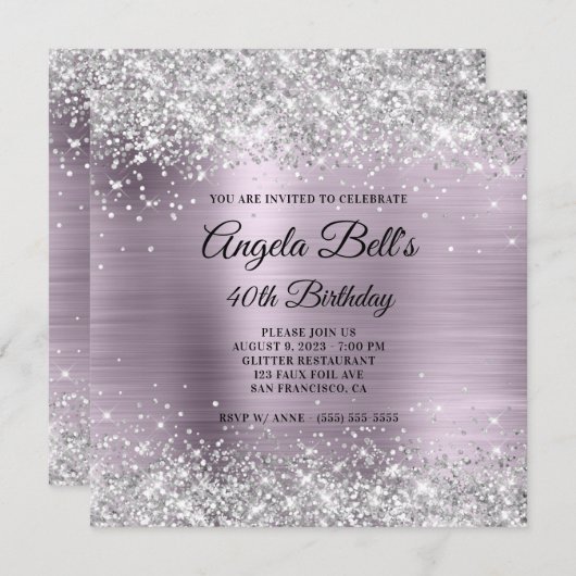 Sparkly Silver Glitter Lavender Folie 40th Birthda Kaart (Voorkant / Achterkant)