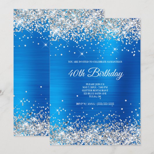 Sparkly Silver Glitter Light Blue Satin Folie Kaart (Voorkant / Achterkant)