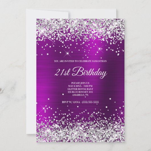 Sparkly Silver Glitter Magenta Paarse Satin Folie Kaart (Voorkant)