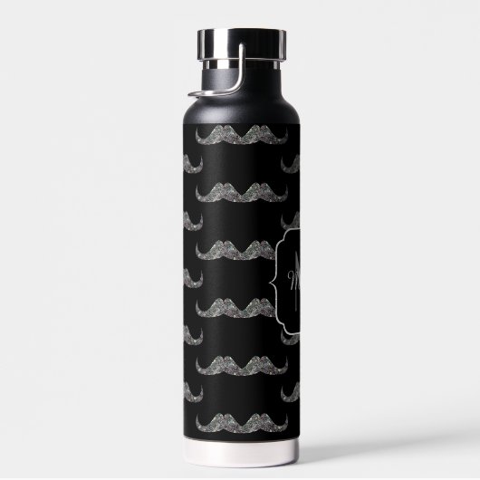 Sparkly Silver Glitter Mustache Black Monogram Waterfles (Rechts)