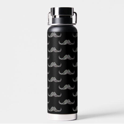 Sparkly Silver Glitter Mustache Black Monogram Waterfles (Achterkant)