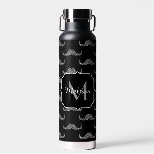Sparkly Silver Glitter Mustache Black Monogram Waterfles (Voorkant)