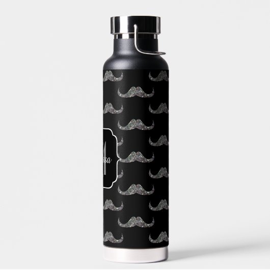 Sparkly Silver Glitter Mustache Black Monogram Waterfles (Links)