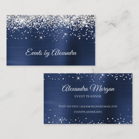 Sparkly Silver Glitter Navy Blue Satin Folie Visitekaartje (Voorkant / Achterkant)