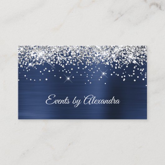 Sparkly Silver Glitter Navy Blue Satin Folie Visitekaartje (Voorkant)