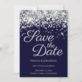 Sparkly Silver Glitter Navy Elegant Calligraphy Save The Date (Voorkant)