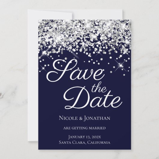 Sparkly Silver Glitter Navy Elegant Calligraphy Save The Date (Voorkant)