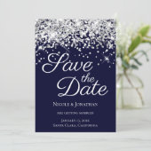 Sparkly Silver Glitter Navy Elegant Calligraphy Save The Date (Staand voorkant)