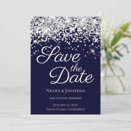 Sparkly Silver Glitter Navy Elegant Calligraphy Save The Date (Staand voorkant)