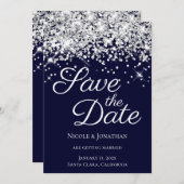 Sparkly Silver Glitter Navy Elegant Calligraphy Save The Date (Voorkant / Achterkant)