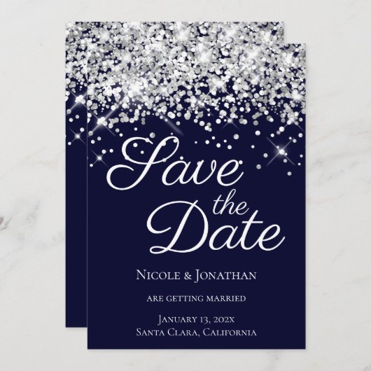 Sparkly Silver Glitter Navy Elegant Calligraphy Save The Date (Voorkant / Achterkant)