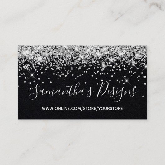 Sparkly Silver Glitter Online Store Premium Black Visitekaartje (Voorkant)