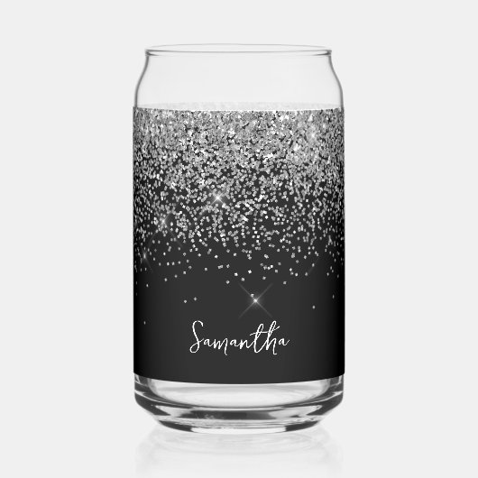 Sparkly Silver Glitter op zwart Blikvorm Glas (Voorkant)