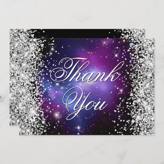 Sparkly Silver Glitter Paars Celestial Photo Bedankkaart (Voorkant / Achterkant)
