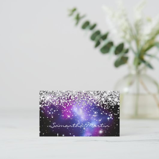 Sparkly Silver Glitter Paars Galaxy Celestial Visitekaartje (Staand voorkant)