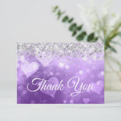 Sparkly Silver Glitter Paarse Gradient Hearts Bedankkaart (Staand voorkant)