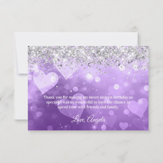 Sparkly Silver Glitter Paarse Gradient Hearts Bedankkaart (Achterkant)