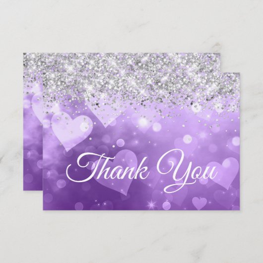 Sparkly Silver Glitter Paarse Gradient Hearts Bedankkaart (Voorkant / Achterkant)