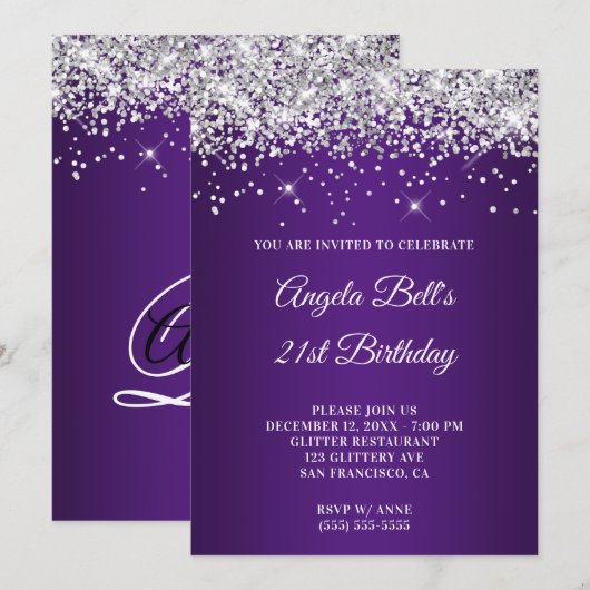 Sparkly Silver Glitter Paarse Ombre 21st Birthday Kaart (Voorkant / Achterkant)