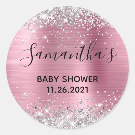 Sparkly Silver Glitter Pink Folie Baby shower Ronde Sticker (Voorkant)