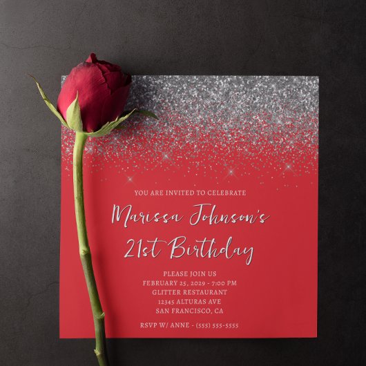 Sparkly Silver Glitter Red 21st Birthday Kaart