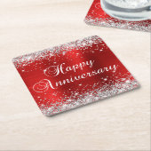Sparkly Silver Glitter Red Folie Happy Jubileum Kartonnen Onderzetters (Schuin)