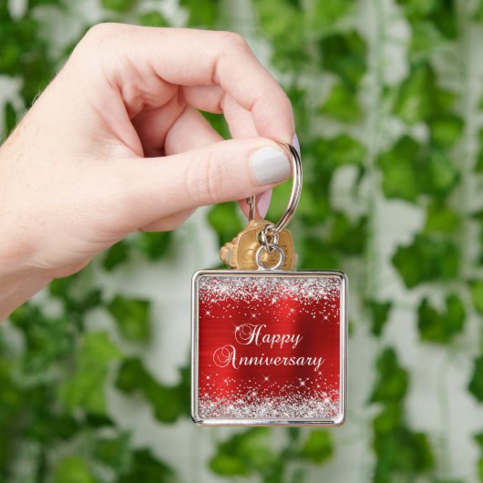 Sparkly Silver Glitter Red Folie Happy Jubileum Sleutelhanger (Hand)