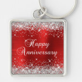 Sparkly Silver Glitter Red Folie Happy Jubileum Sleutelhanger (Voorkant)