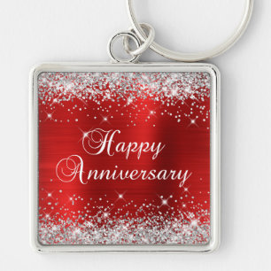 Sparkly Silver Glitter Red Folie Happy Jubileum Sleutelhanger