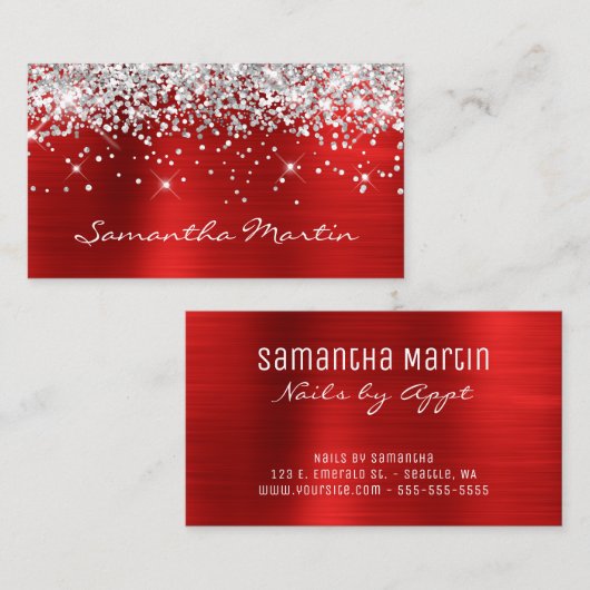 Sparkly Silver Glitter Red Folie Visitekaartje (Voorkant / Achterkant)