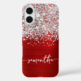 Sparkly Silver Glitter Red Glam Name iPhone 16 Hoesje